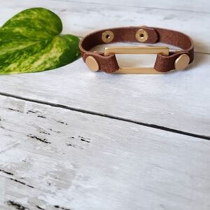 Gold Rectangular Brown Leather Bracelet with Gold Snap Closure and Detailing